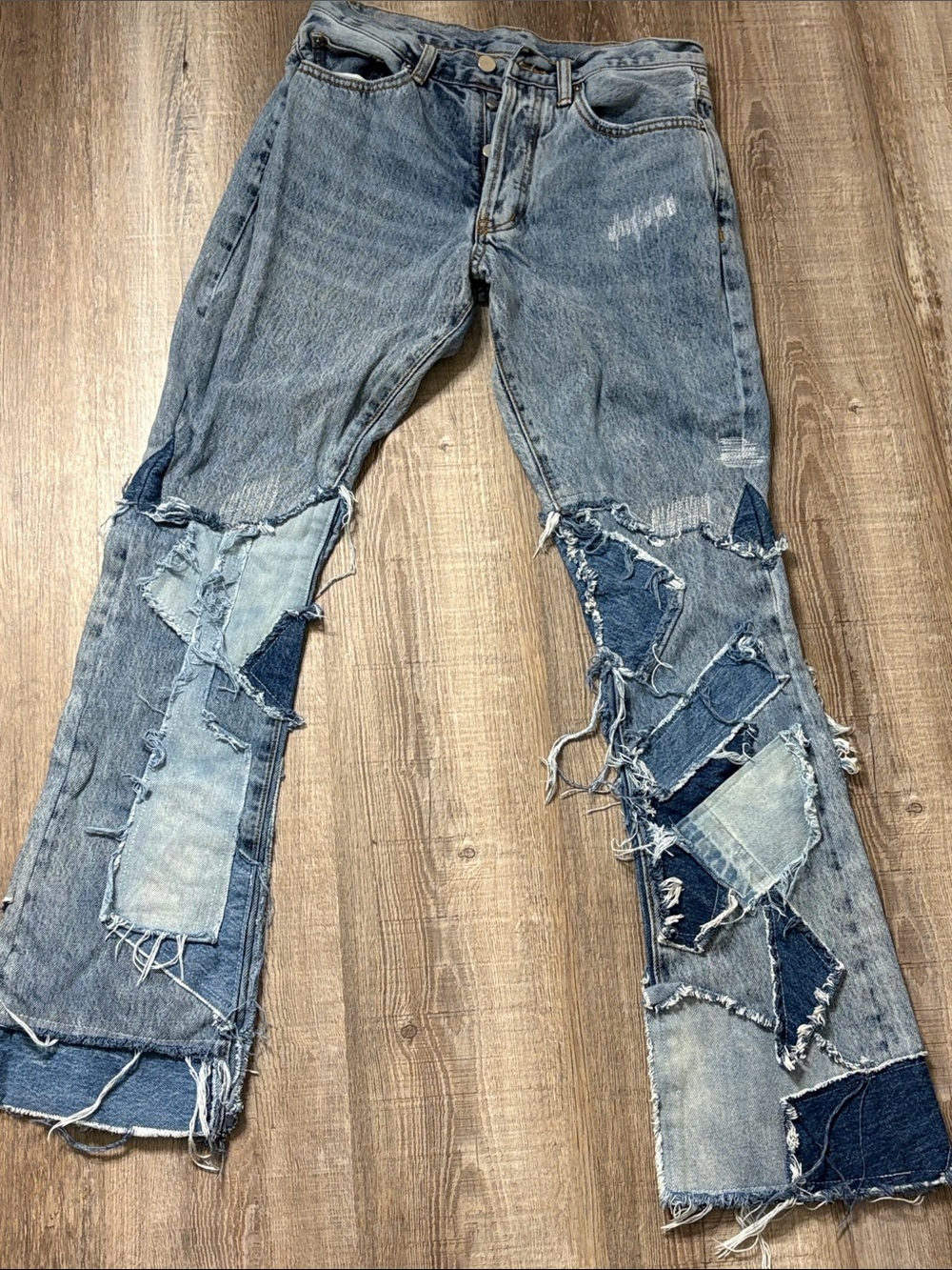MNML Distressed Multi-Patch Blue Bootcut Jeans